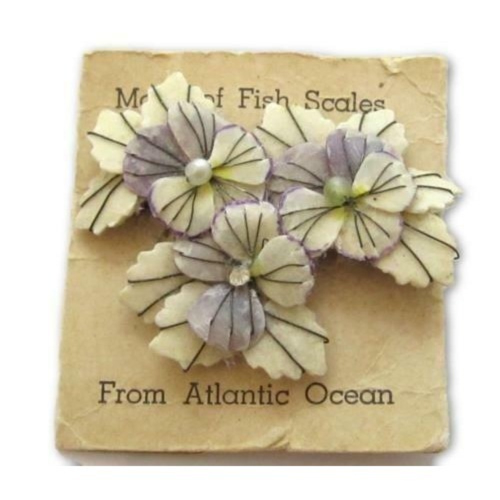 Vintage Old Pansy Flowers Pin Brooch Handmade Of Fish Scales From Atlantic Ocean